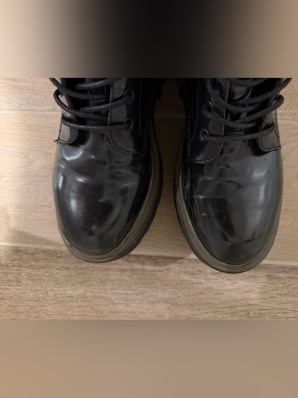 Replay Black High-Shine Lace-Up Platform Boots with Khaki Trim - Picture 7 of 9